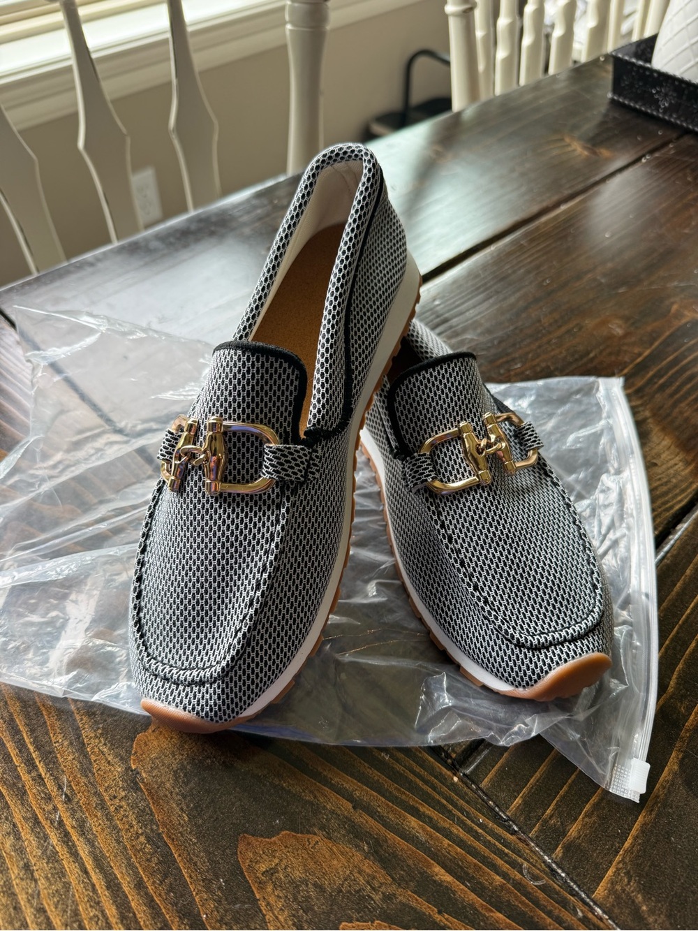 Women's Grey Mesh Slip-On Loafers with Gold Hardware
